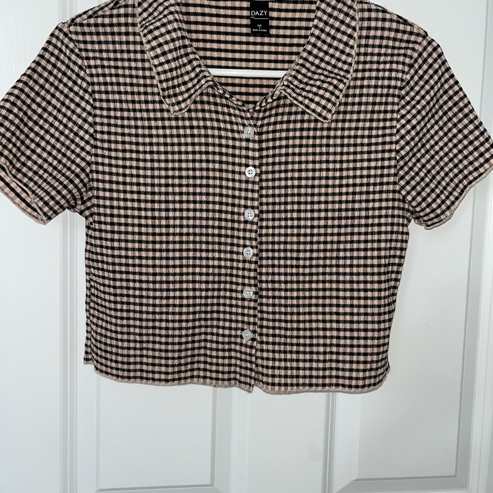 SHEIN Brown and Black Crop Buttoned Top with Peter Pan Collar